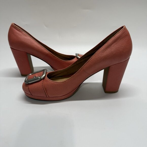 Fossil Women's Leather‎ Heels Size 9 Coral Buckle Toe Block Heel Retro Style - Picture 4 of 15